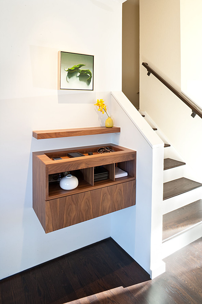Dark Wooden Floors Entry Midcentury with Cabinet Casework Floating Cabinet