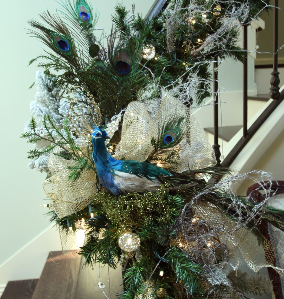 Decorative Stair Railing Hall Traditional with Bows Christmas Christmas Balls