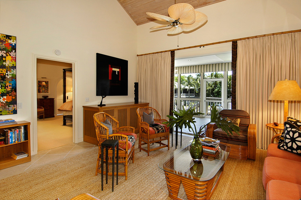 Decorative Traverse Rods Living Room Tropical with Beige Curtain Beige Tile