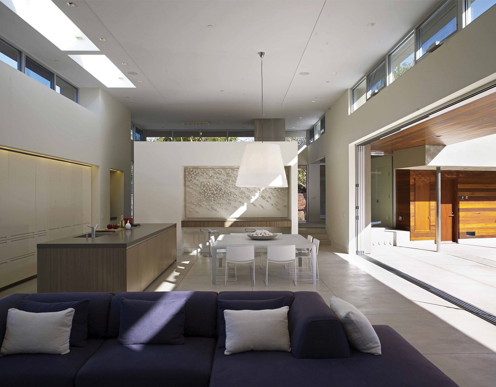 Design Ideas for Living Rooms Family Room Modern with Artwork Clerestory Windows Concrete