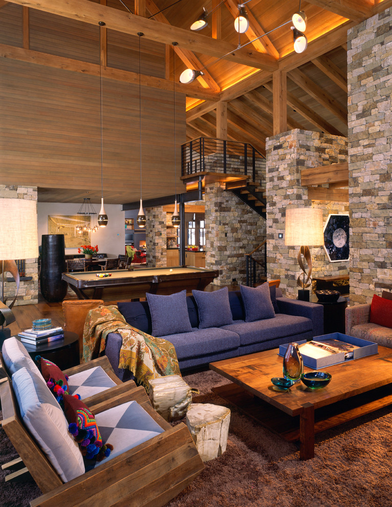 Design Ideas for Living Rooms Family Room Rustic with Brown Rug Chandelier Metal