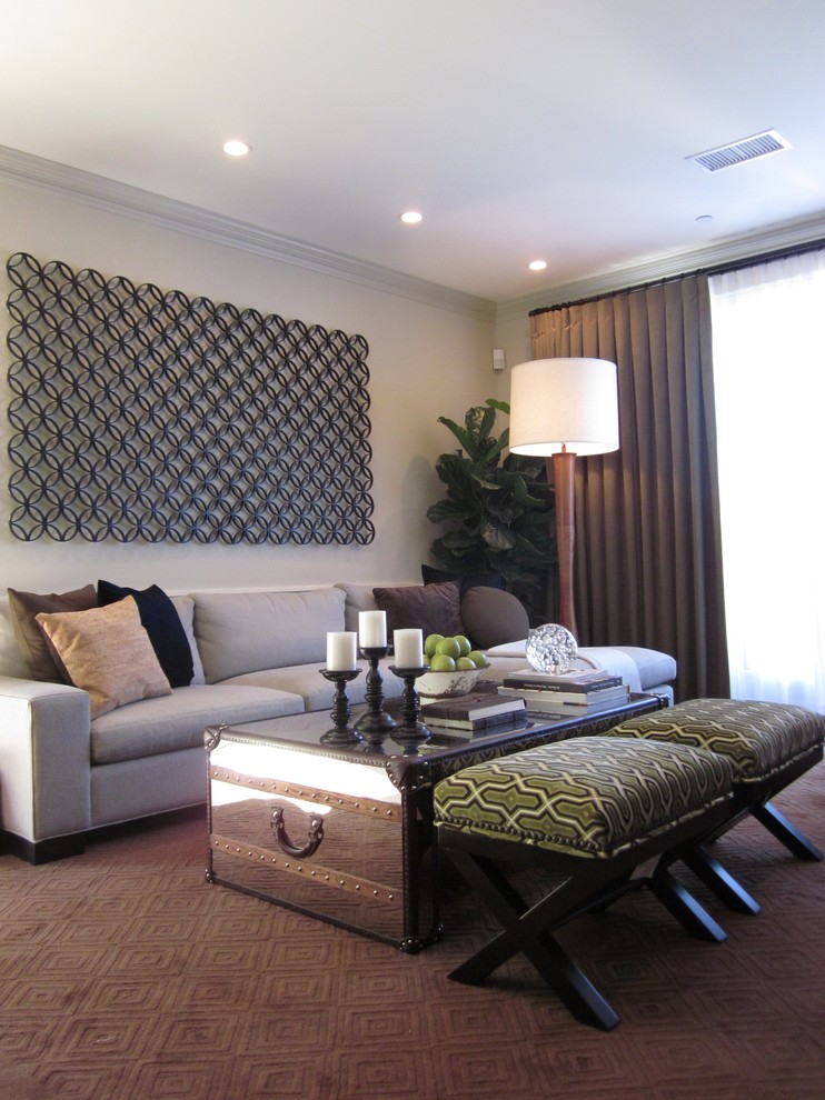 Designer Coffee Table Family Room Contemporary with Beige Sofa Candle Holders