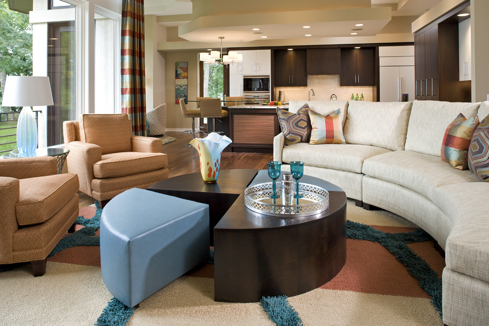 Designer Coffee Table Living Room Contemporary with Blue Chairs Curtains Curved