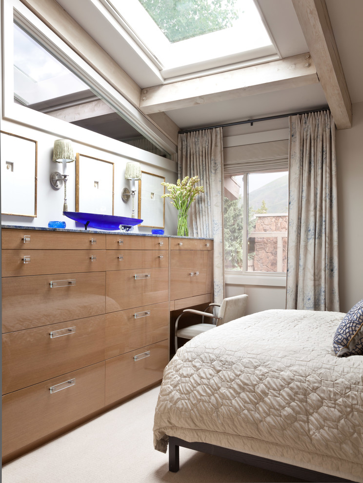 Desk Dresser Combo Bedroom Contemporary with Armchair Bedding Curtains Hidden