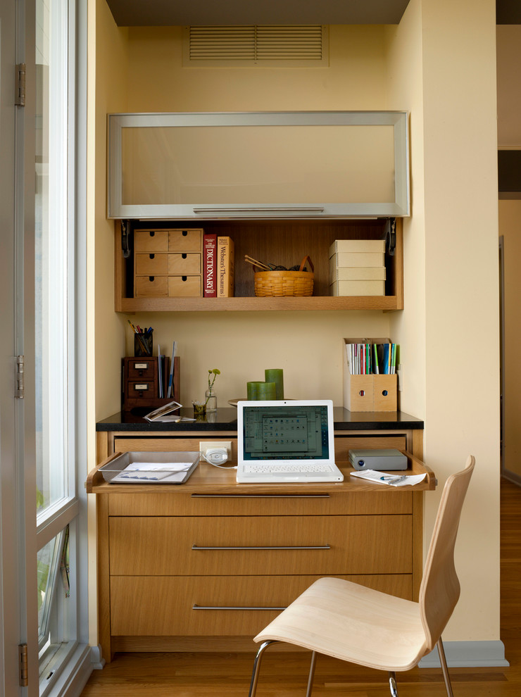 desk dresser combo Home Office Midcentury with black countertop built-in desk