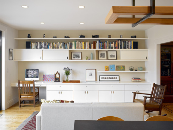 Desk Wall Units Family Room Eclectic with Bookshelves Craftsman Modern Oak