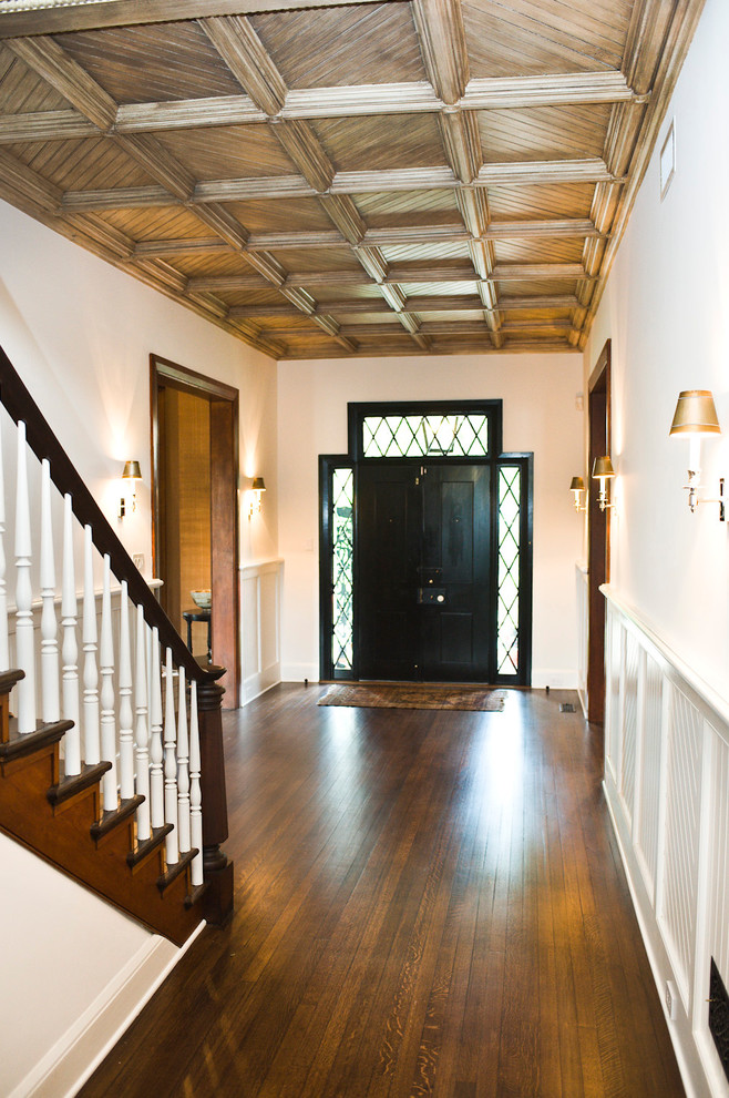 Diamond Paned Windows Entry Traditional with Beadboard Black Door Coffered
