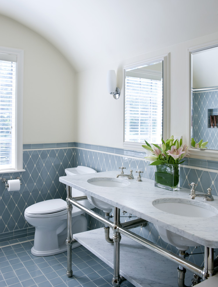 Diamond Shaped Tile Bathroom Traditional with Barrel Vault Blinds Blue