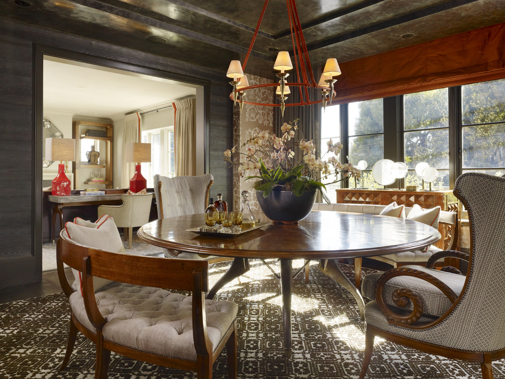 Dining Settee Bench Dining Room Contemporary with Chandelier Shades Dark Walls