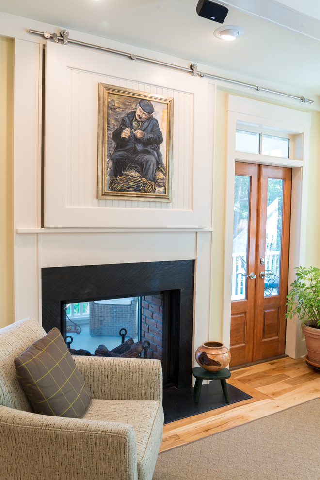Direct Vent Gas Fireplace Living Room Farmhouse with Armchair Artwork Barn Door