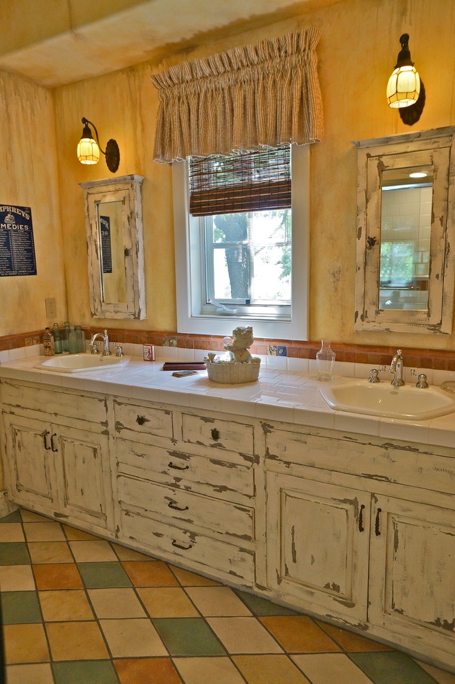 Distressed Bathroom Vanity Bathroom Eclectic with Americana Cornice Diamond Tile