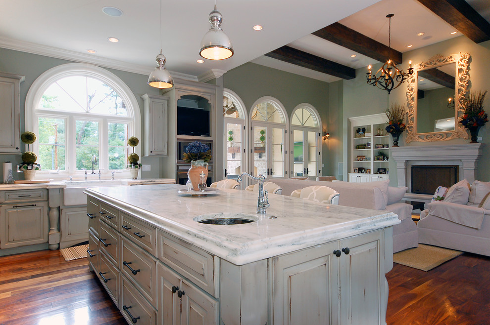 Distressed China Cabinet Kitchen Traditional with Arched Windows Ceiling Lighting