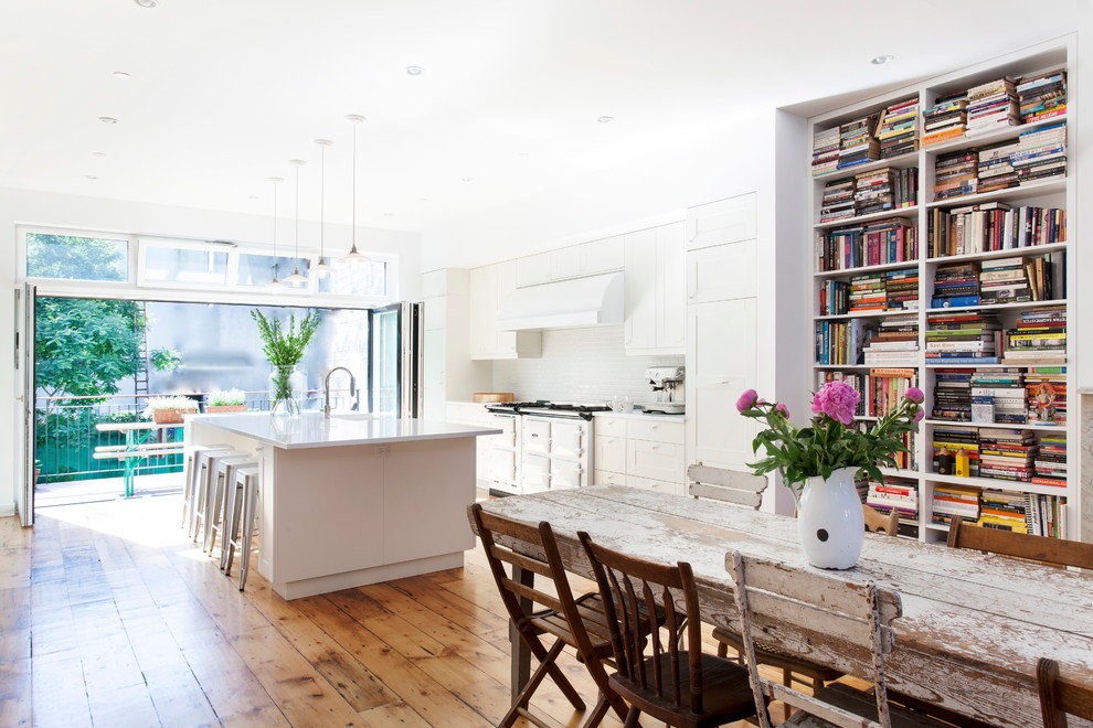 Distressed Dining Table Kitchen Transitional with Bifold Doors Built In