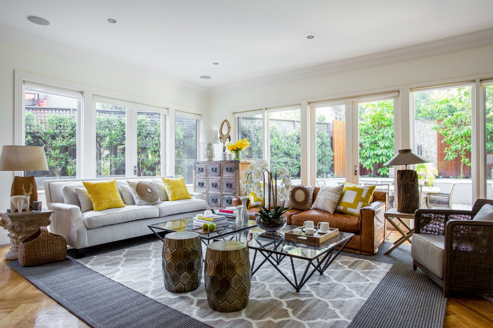 Distressed Leather Sofa Living Room Beach with Accents of Yellow Beach