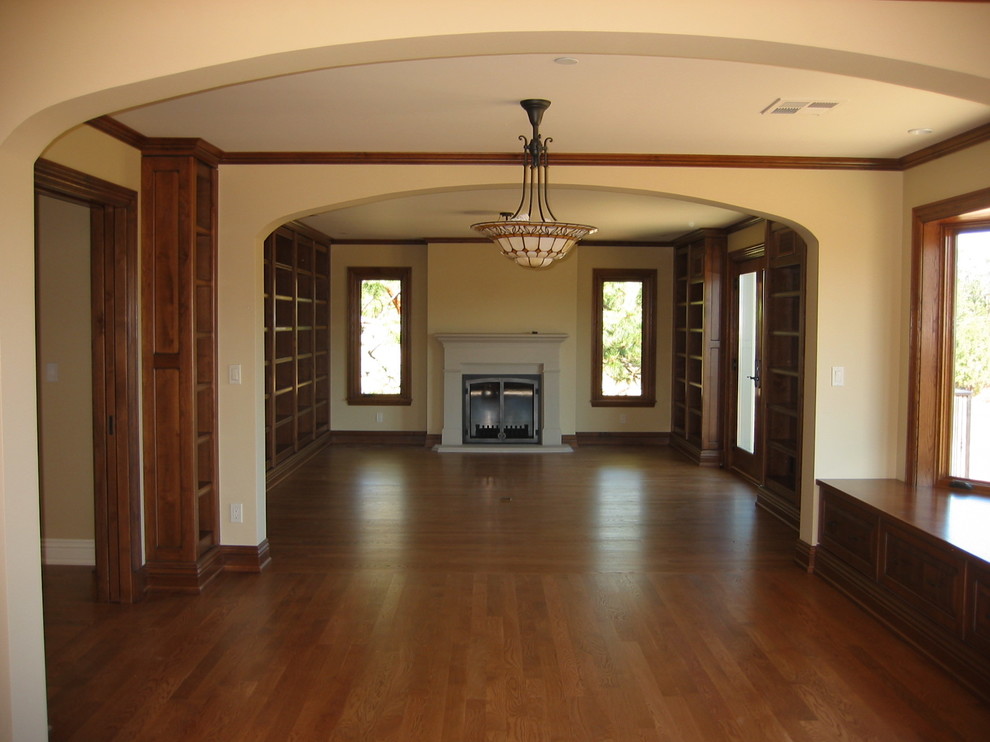 Distressed Wood Desk Home Office Traditional with Bookshelves Exterior Deck Fireplace