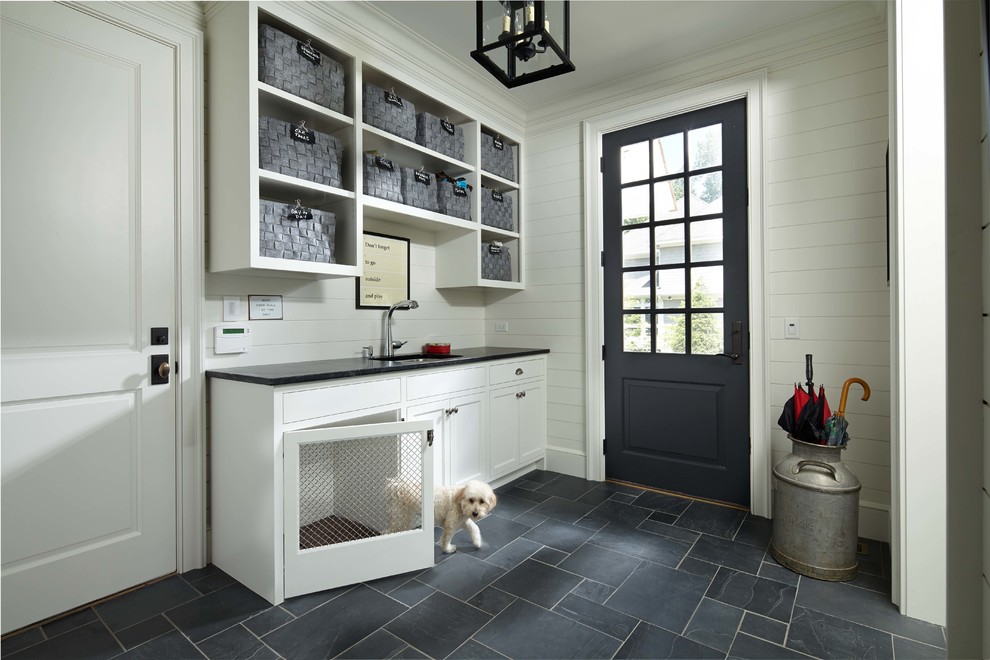 Dog Crate Furniture Entry Traditional with Baskets Black Countertop Board