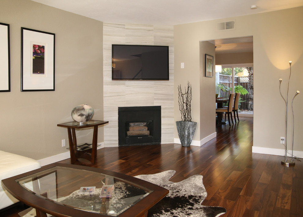 Dog Fence Ideas Family Room Contemporary with Condo Cowhide Rug Fireplace