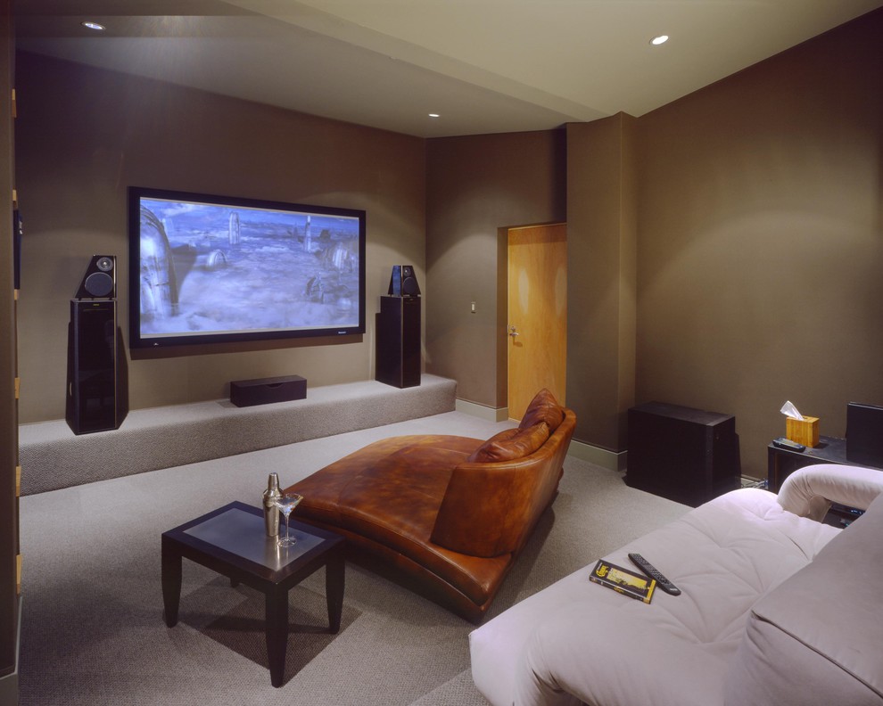 Double Chaise Lounge Home Theater Contemporary with Brown Walls Ceiling Lighting1