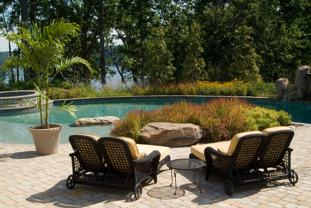 double chaise lounge Patio Traditional with beige outdoor cushions boulders