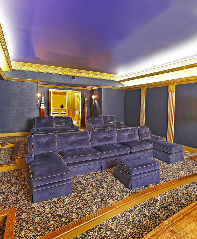 Double Chaise Sofa Home Theater Eclectic with Carpeting Carved Wood Cinema