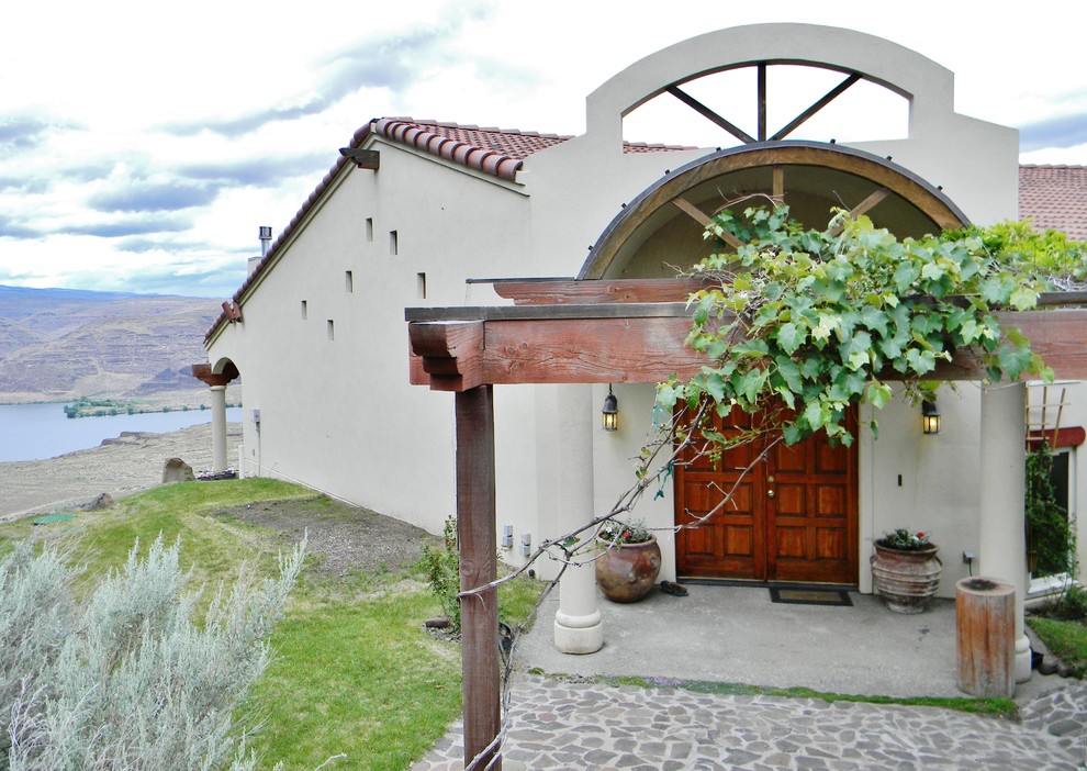 Double Entry Doors Entry Mediterranean with Arbor Arch Climbing Plants