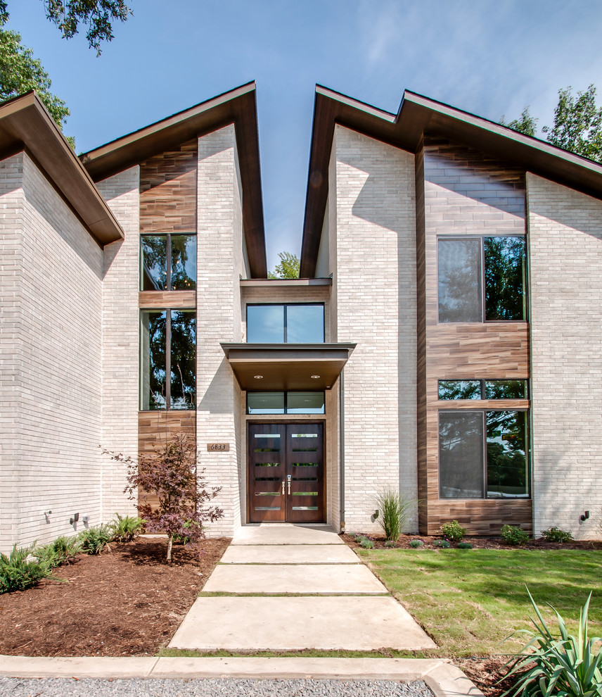 Double Entry Doors Exterior Contemporary with Awning Bark Mulch Brick