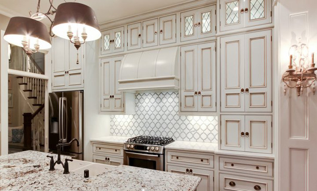 Double Front Entry Doors Kitchen Traditional with Artistic Tile Backsplash Countertop