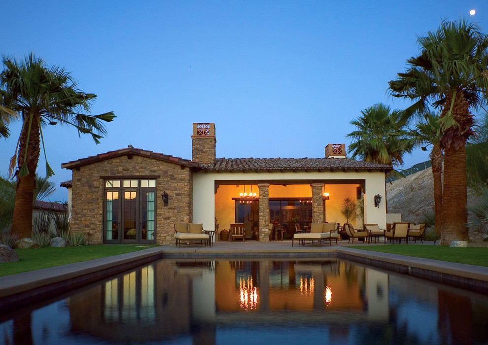 Double Lounge Chair Pool Mediterranean with Backyard Chandelier Chimney Covered