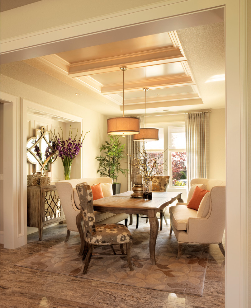 Double Pendant Light Dining Room Traditional with Buffet Niche Coffered Ceiling