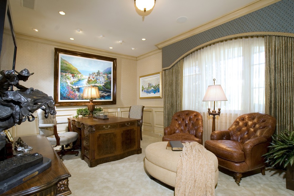Double Sided Desk Home Office Traditional with Bronze Sculpture Carpeting Ceiling