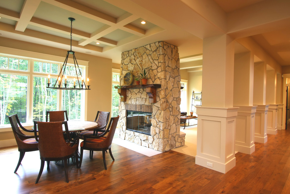 Double Sided Fireplace Dining Room Traditional with Candelabra Coffered Ceiling Fame