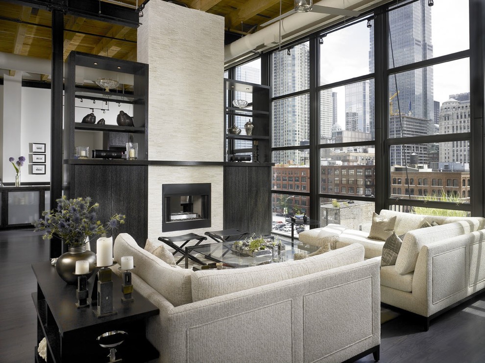 Double Sided Fireplace Living Room Industrial with Built in Shelves Ceiling