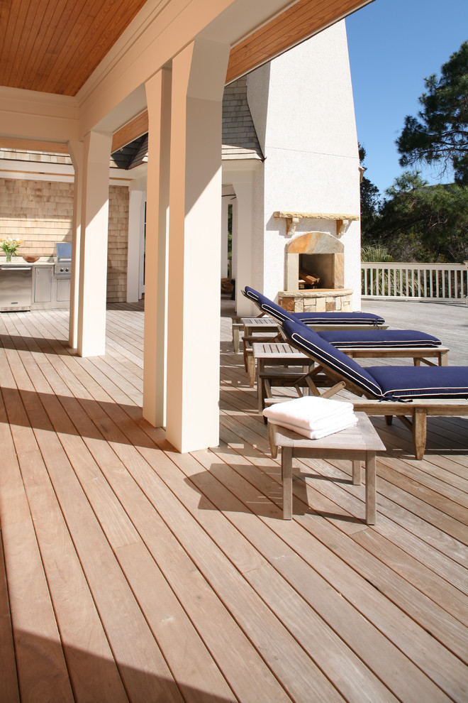 Double Sided Outdoor Fireplace Porch Traditional with Ipe Deck Lounge Chairs