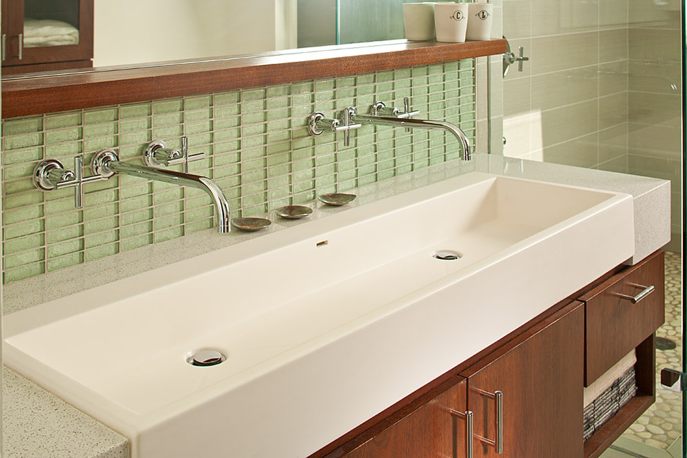 Double Trough Sink Bathroom Modern with Aqua Atlanta Backsplash Bathroom1