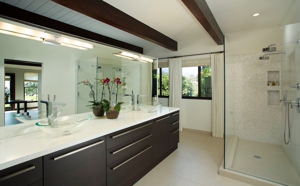 Double Vessel Sink Bathroom Contemporary with Beige Curtain Beige Tile