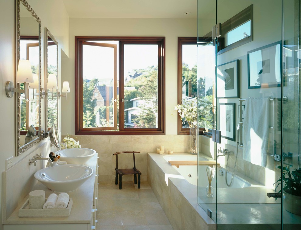 Double Vessel Sink Bathroom Modern with Clear Glass Shower Clerestory