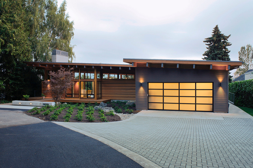 Driveway Entrance Ideas Exterior Rustic with Attached Garage Chimney Dusk