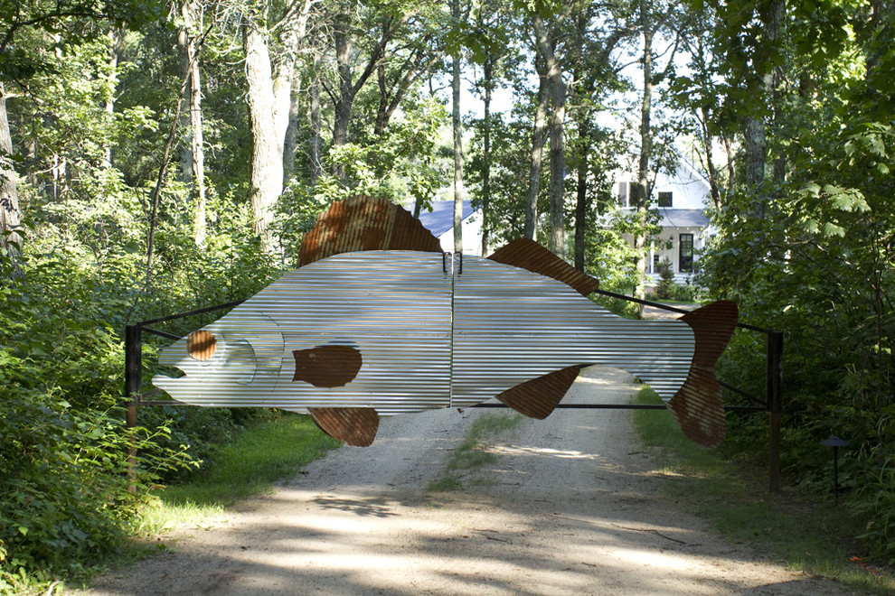 Driveway Entry Gates Landscape Eclectic with Cabin Corrugated Metal Cottage