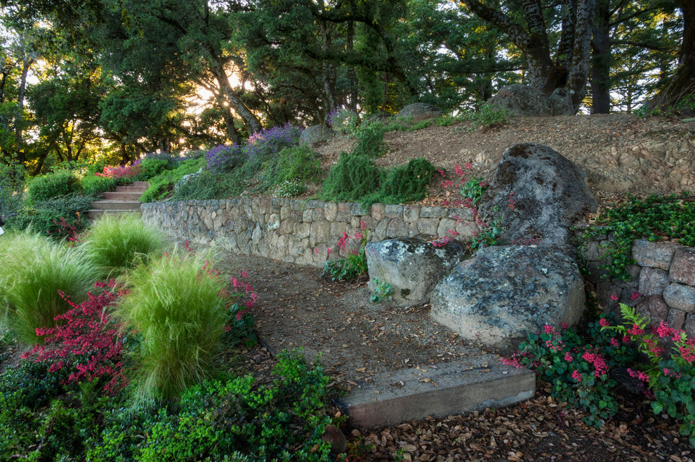 Driveway Retaining Wall Landscape Traditional with Backyard Boulders Dirt Pathway