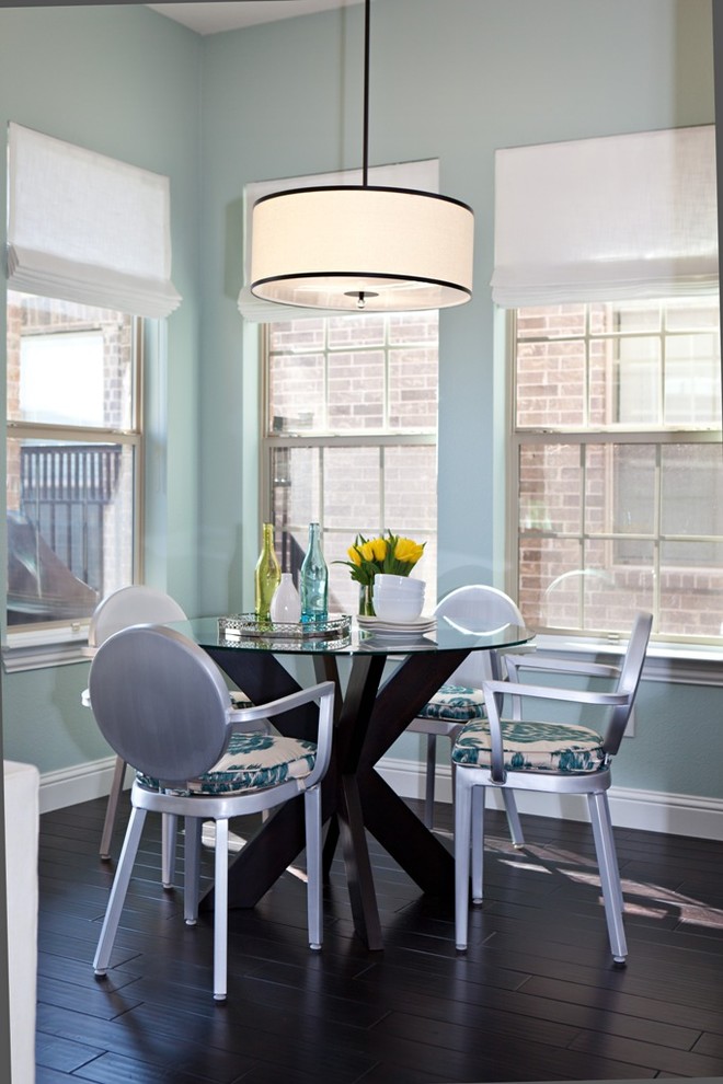 Drum Light Fixture Dining Room Transitional with Aluminum Chairs Baseboard Blue