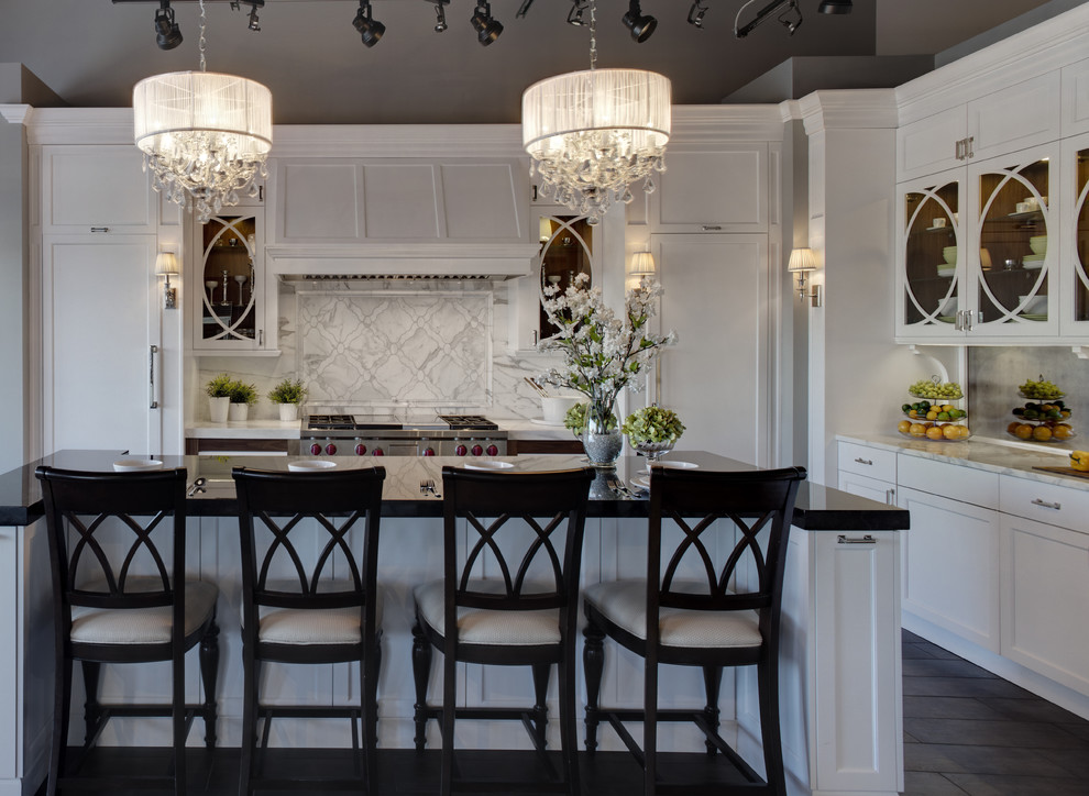 Drum Shade Chandelier Kitchen Traditional with Black Counters Counter Stools