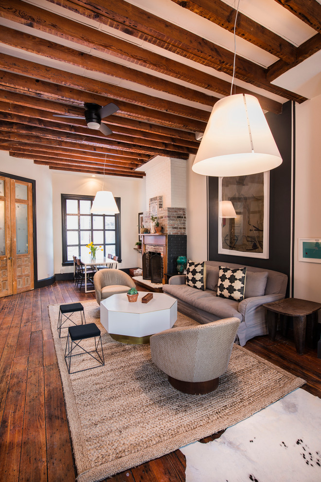 Drum Shade Chandelier Living Room Eclectic with Brick Fireplace Contemporary Exposed