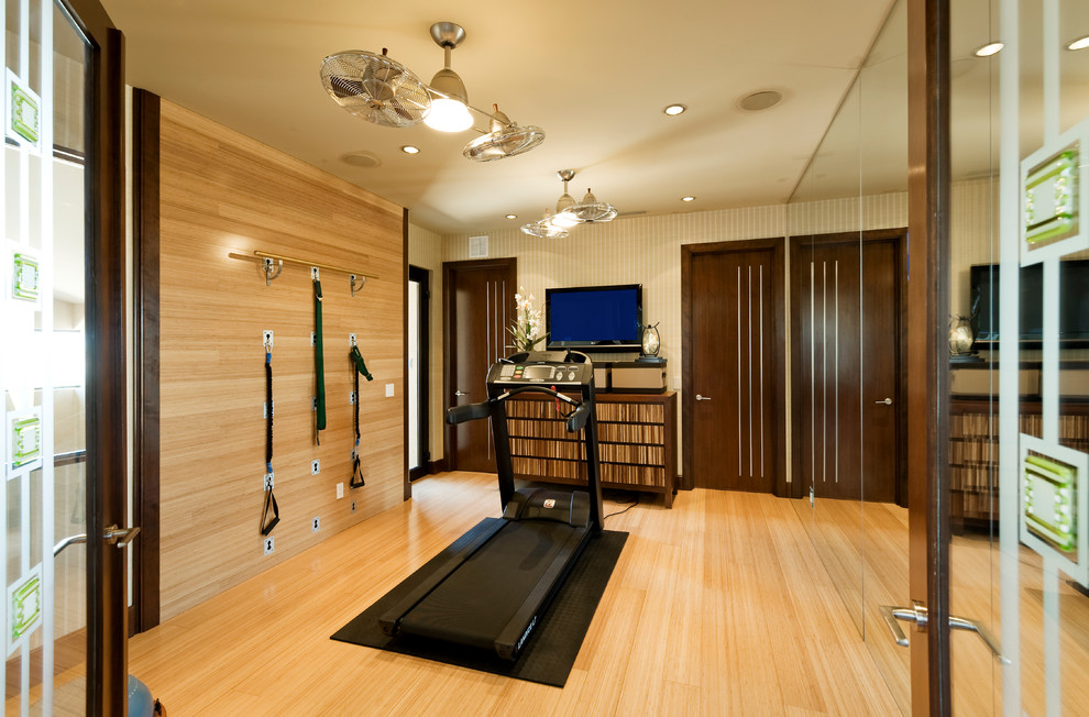 Dual Ceiling Fan Home Gym Contemporary with Brown Doors Ceiling Fan