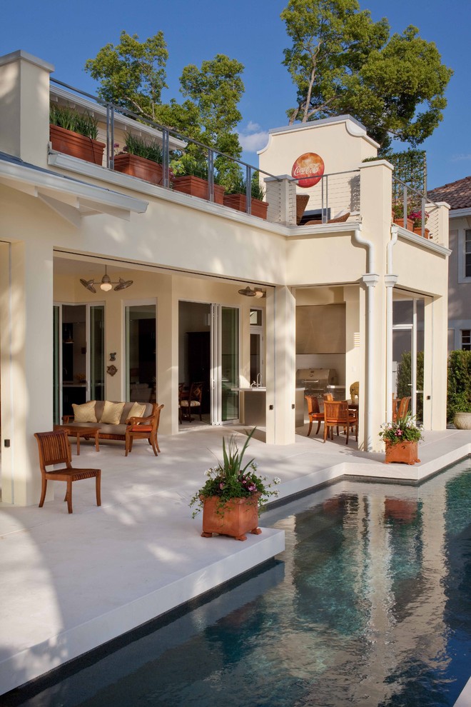 Dual Ceiling Fan Patio Tropical with Beige Exterior Cable Railings