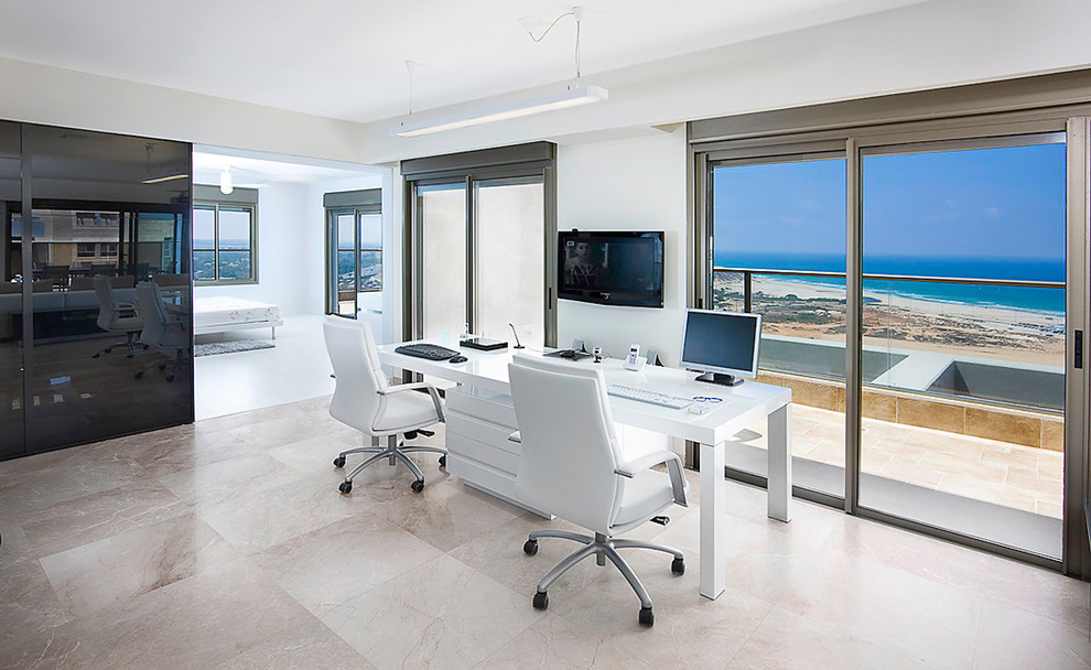 Dual Office Desk Home Office Contemporary with Balcony Ceiling Lighting Coastal