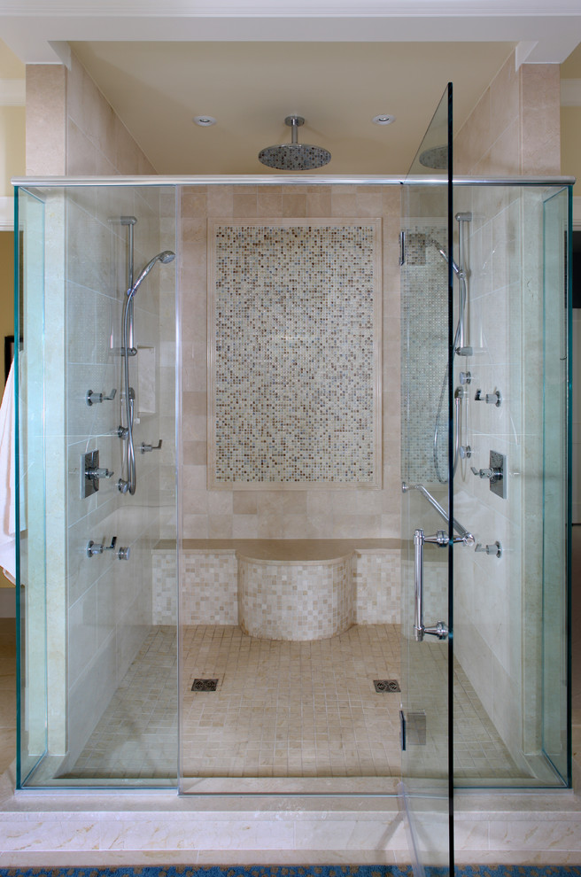 Dual Shower Head Bathroom Contemporary with Beige Bench Seat Chrome