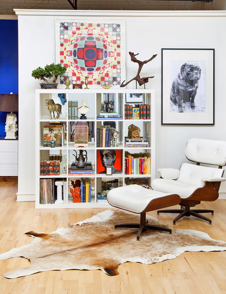 Eames Lounge Chair Knock Off Living Room Eclectic with Art Bookcase Bookshelves Cowhide