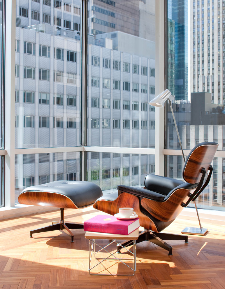 Eames Lounge Chair Replica Living Room Midcentury with Bright City Corner Windows