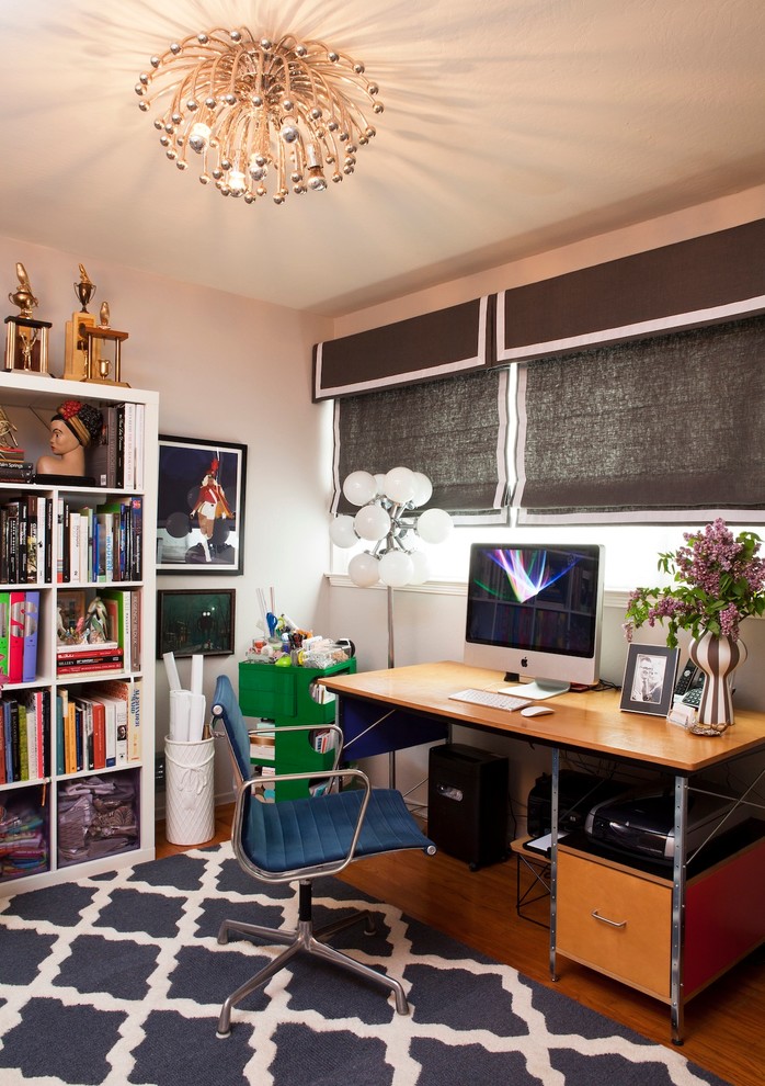 Eames Office Chair Home Office Eclectic with Banded Roman Shades Blue
