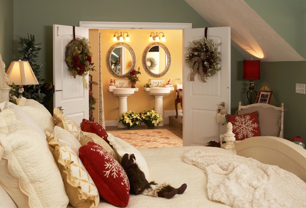 Elegant Christmas Wreaths Bedroom Traditional with Bathroom Light Beige Bed